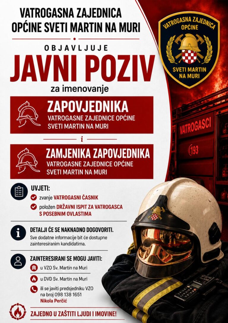 Javni poziv za imenovanje zapovjednika i zamjenika zapovjednika Vatrogasne zajednice Općine Sveti Martin na Muri